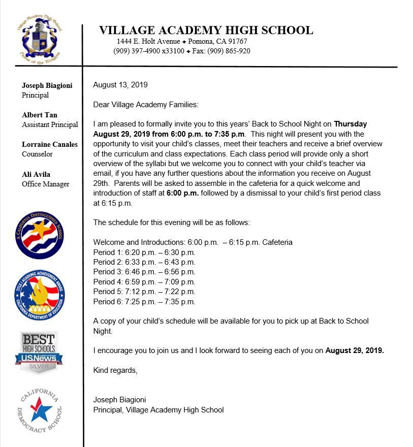 Village Back to School Night Letter